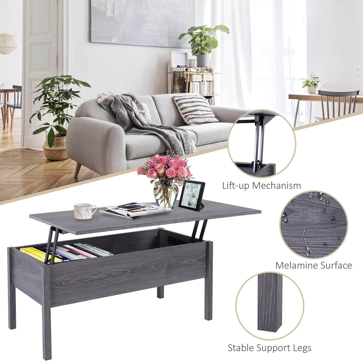 Aosom 39 Inch Modern Rectangular Lift Top Coffee Table with Storage, image 6