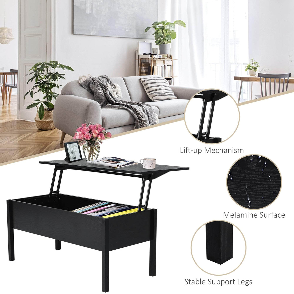 Aosom 39 Inch Modern Rectangular Lift Top Coffee Table with Storage, image 18