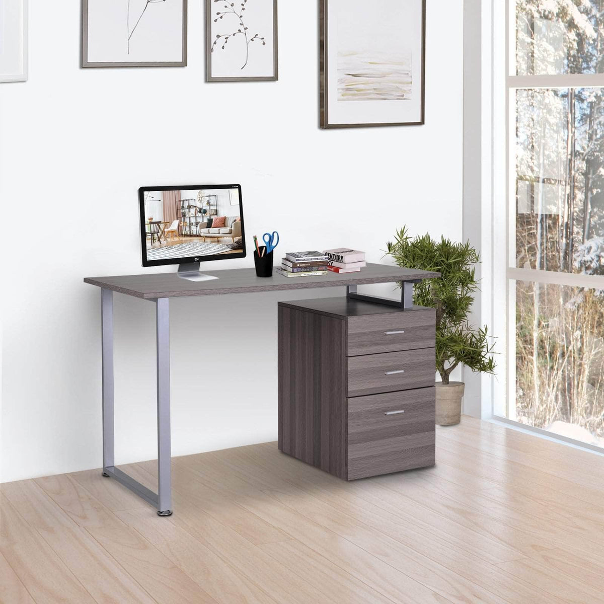 Aosom Industrial Style Office Computer Desk with Reversible 3 Drawer Filing Cabinet, image 1