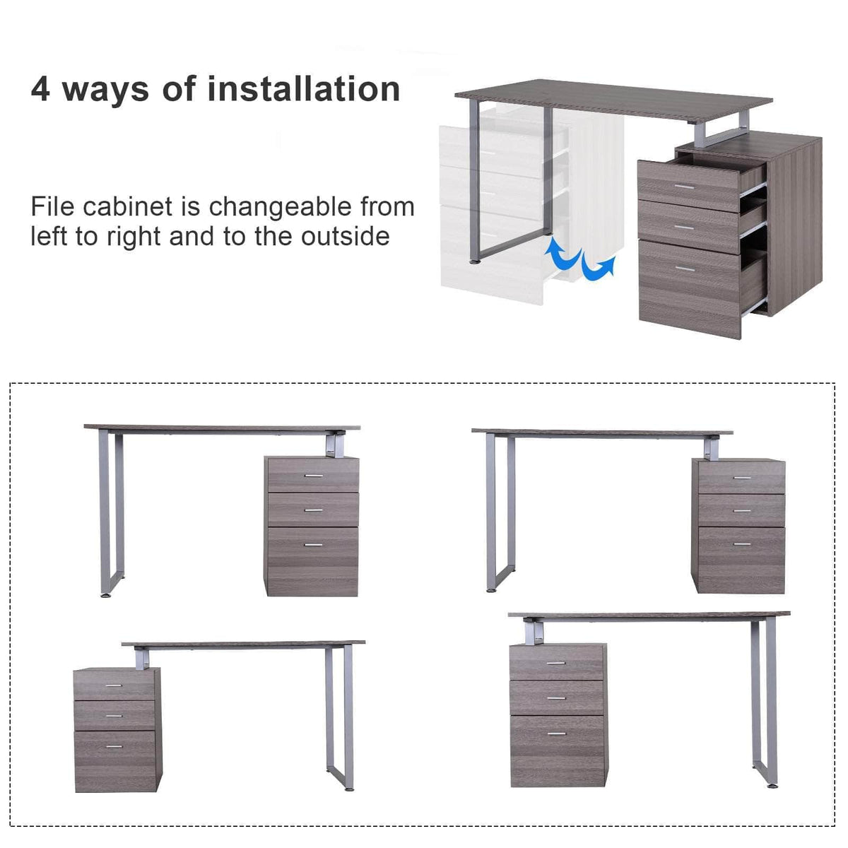 Aosom Industrial Style Office Computer Desk with Reversible 3 Drawer Filing Cabinet, image 4