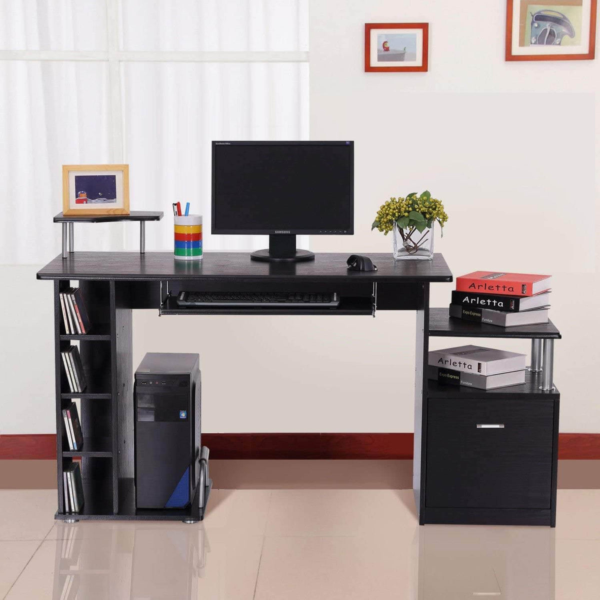 Aosom 59.8 Inch Computer Laptop Desk with Drawer Shelf in Black, image 1