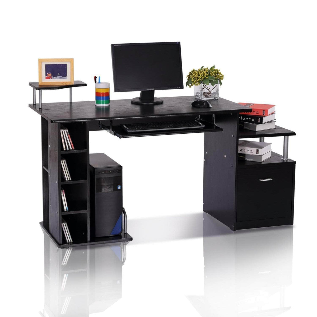 Aosom 59.8 Inch Computer Laptop Desk with Drawer Shelf in Black, image 2