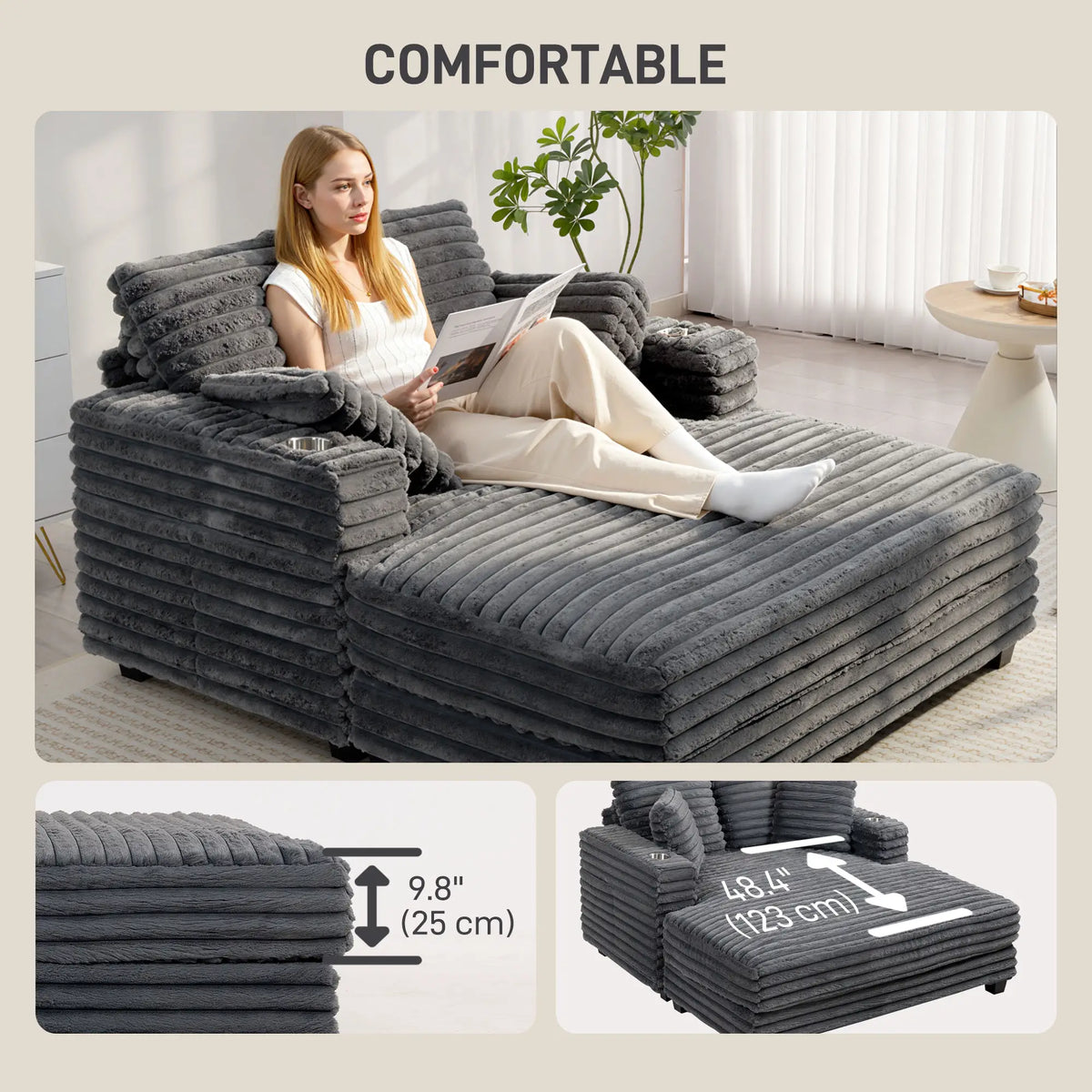 Aosom 52.8" Corduroy Chaise Cuddler Lounge Chair with Cup Holders in Grey, image 6