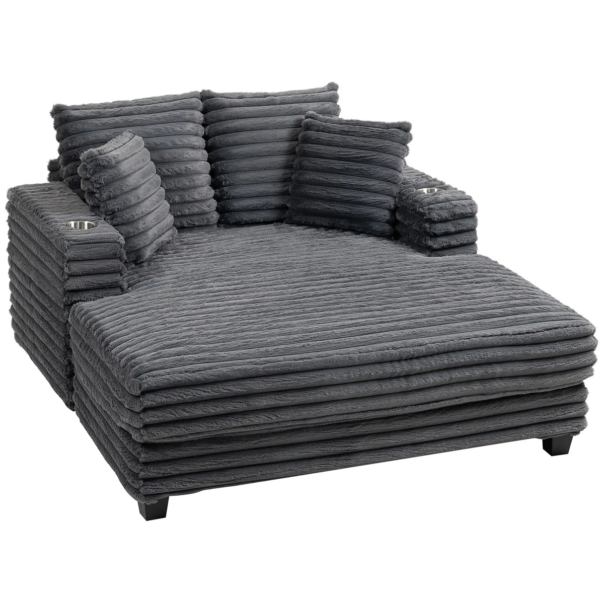 Aosom 52.8" Corduroy Chaise Cuddler Lounge Chair with Cup Holders in Grey, image 2