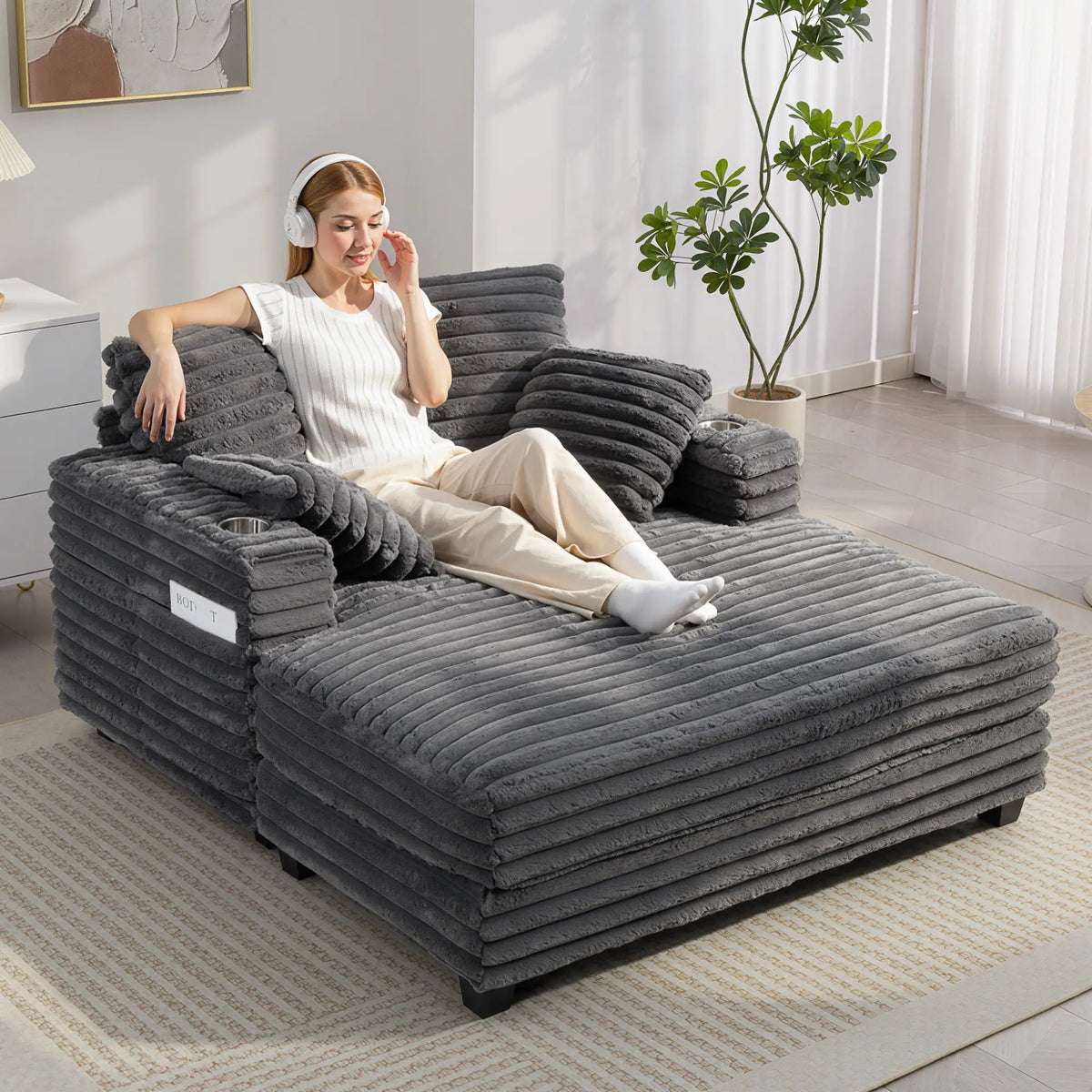 Aosom 52.8" Corduroy Chaise Cuddler Lounge Chair with Cup Holders in Grey, image 1