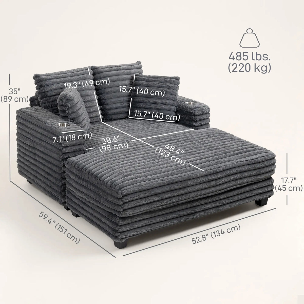 Aosom 52.8" Corduroy Chaise Cuddler Lounge Chair with Cup Holders in Grey, image 3