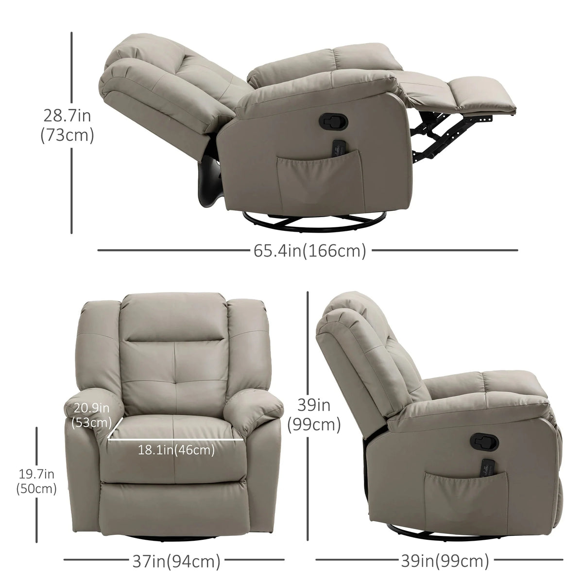 Aosom 8 Point Vibration Massage Swivel Reclining Chair in Tufted Grey Faux Leather, image 3