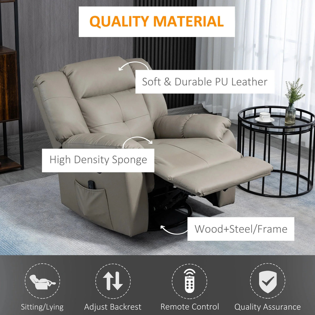 Aosom 8 Point Vibration Massage Swivel Reclining Chair in Tufted Grey Faux Leather, image 5