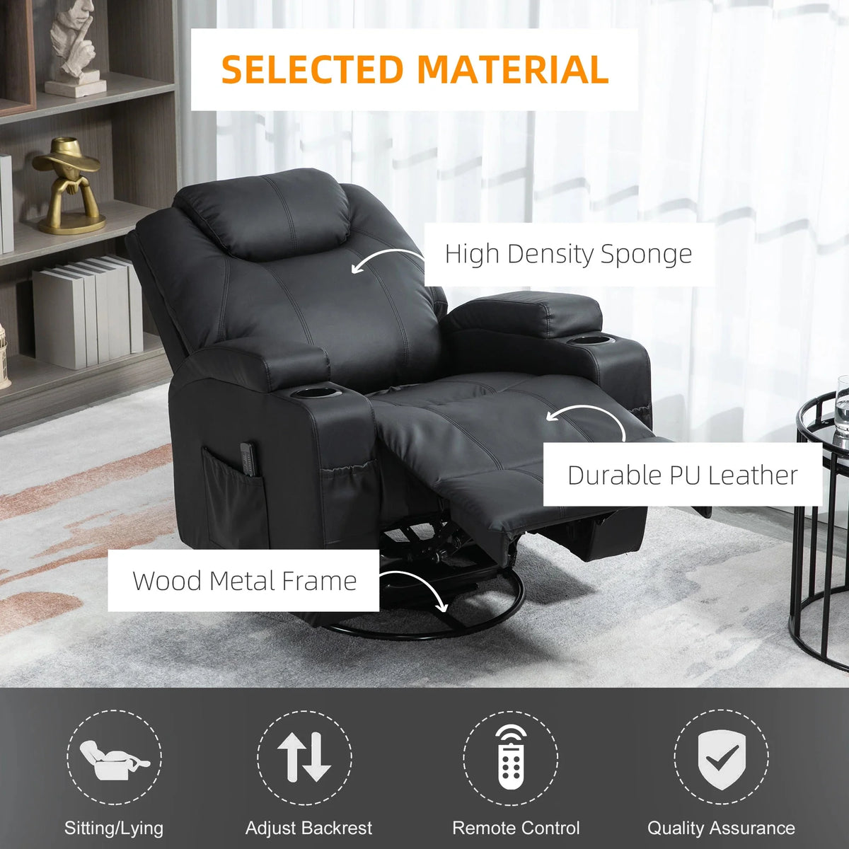 Aosom 8 Point Vibrating Massage Swivel Reclining Chair with Cupholders in Faux Leather, image 6