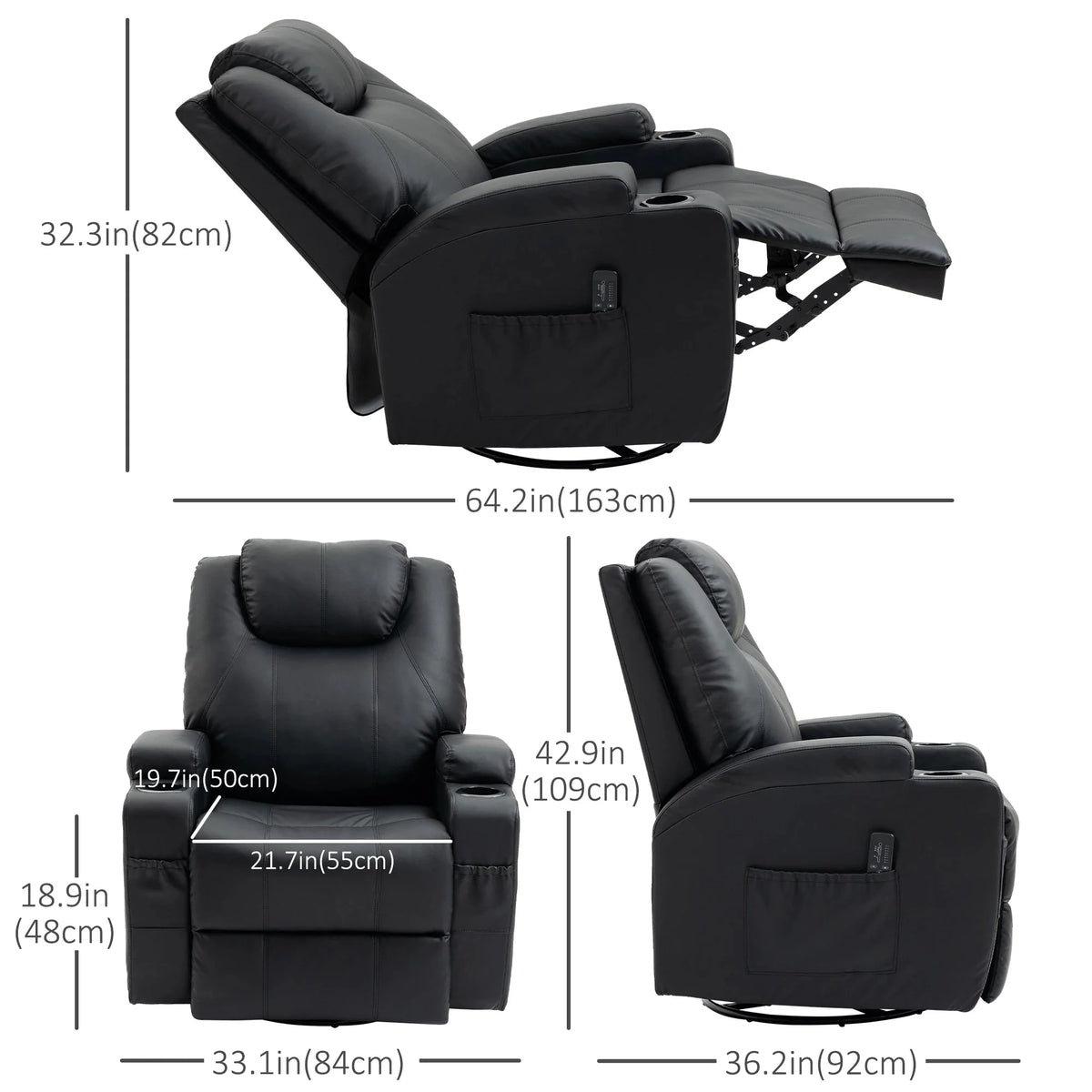 Aosom 8 Point Vibrating Massage Swivel Reclining Chair with Cupholders in Faux Leather, image 3