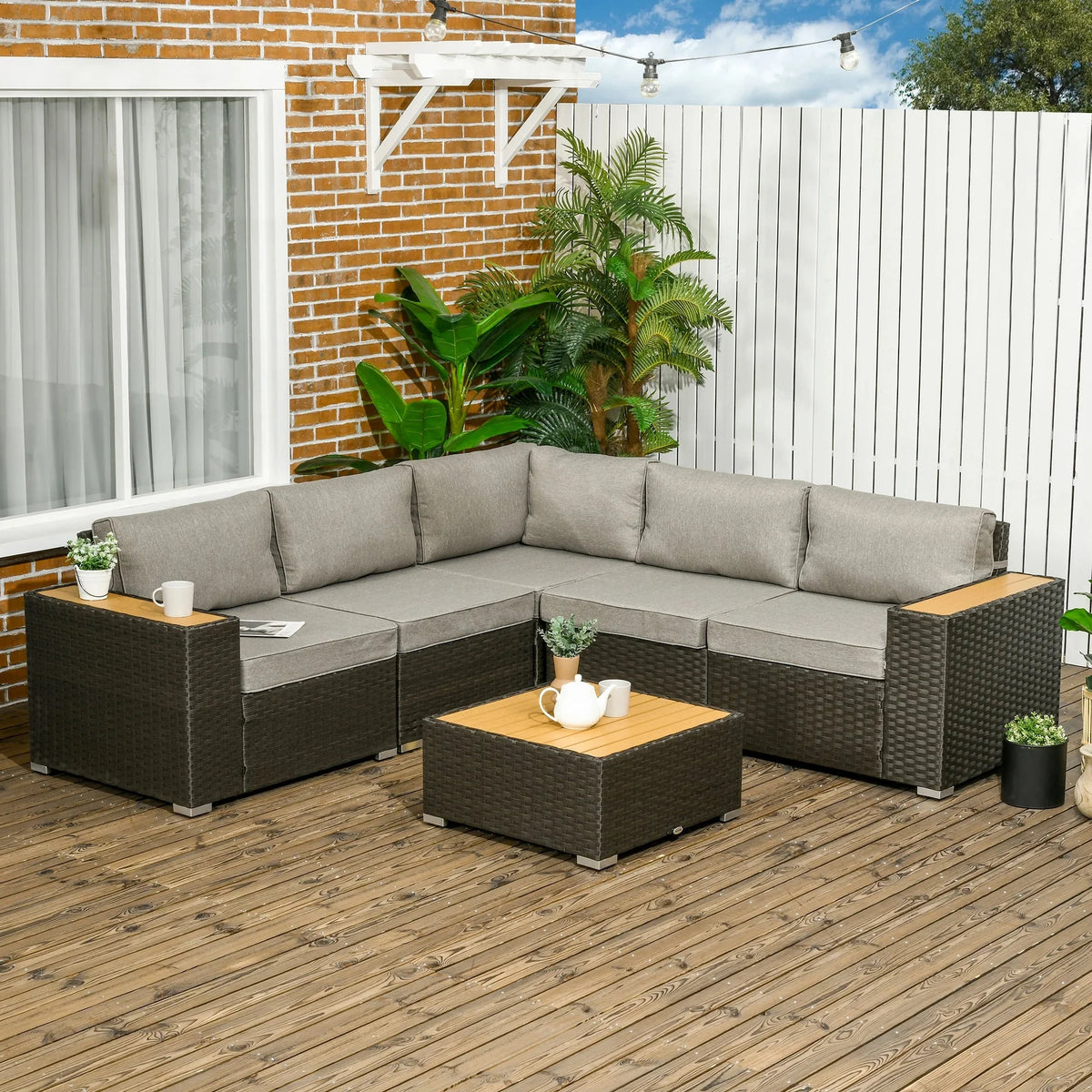 Aosom 6 Piece Outdoor Patio Wicker Corner Sectional Sofa Set with Coffee Table in Brown, image 1