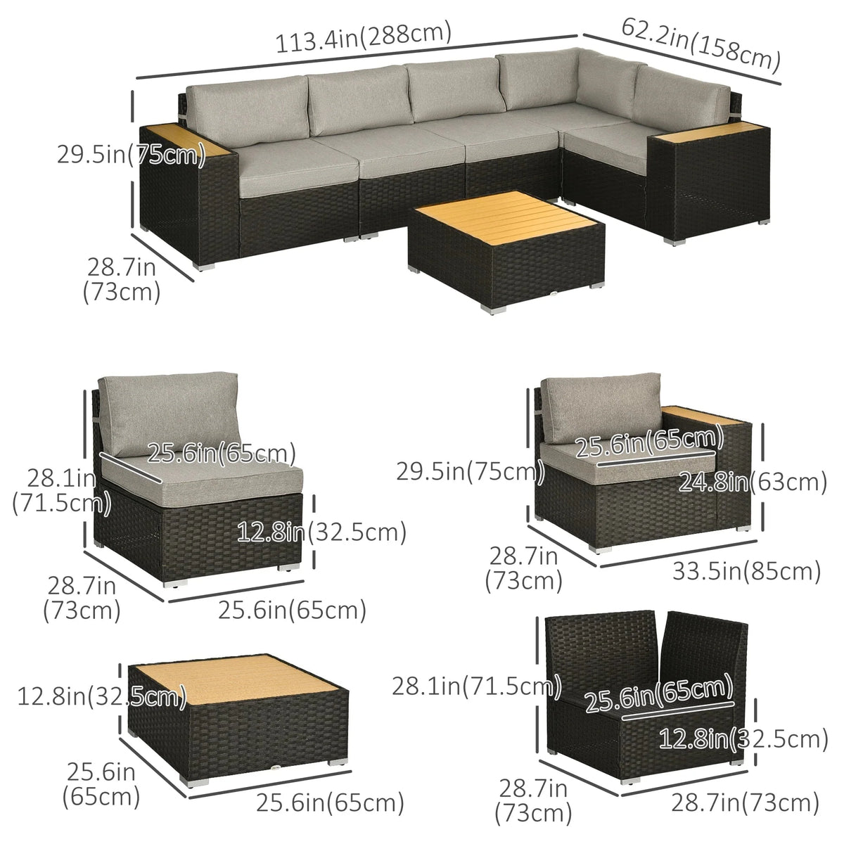 Aosom 6 Piece Outdoor Patio Wicker Corner Sectional Sofa Set with Coffee Table in Brown, image 3