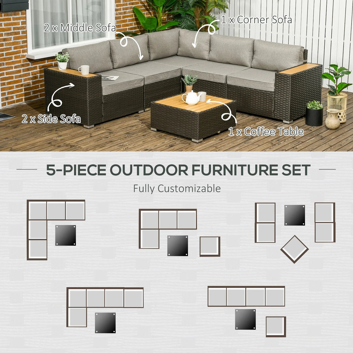 Aosom 6 Piece Outdoor Patio Wicker Corner Sectional Sofa Set with Coffee Table in Brown, image 4