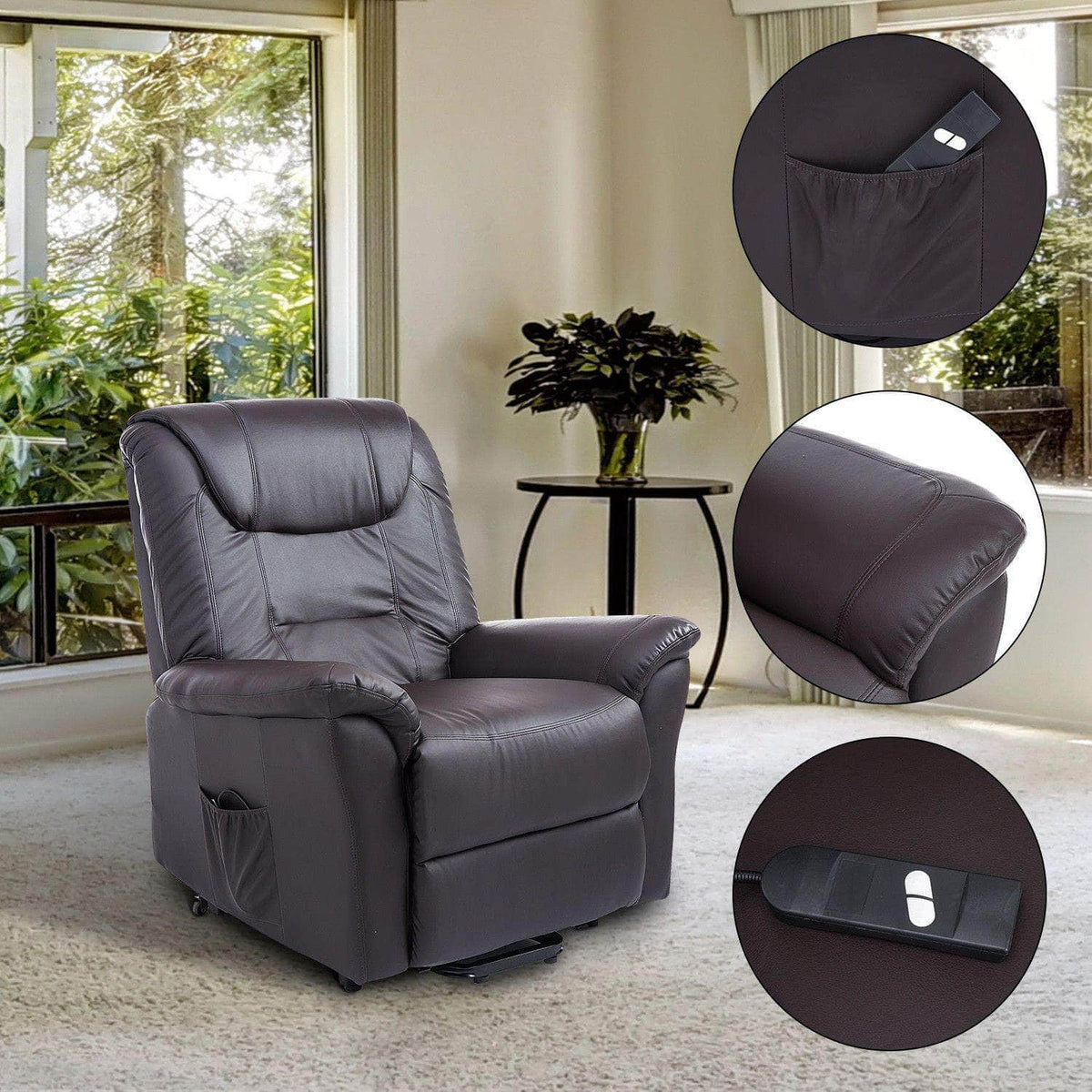 Aosom Brown Faux Leather Power Lift Reclining Chair with Remote Control, image 1