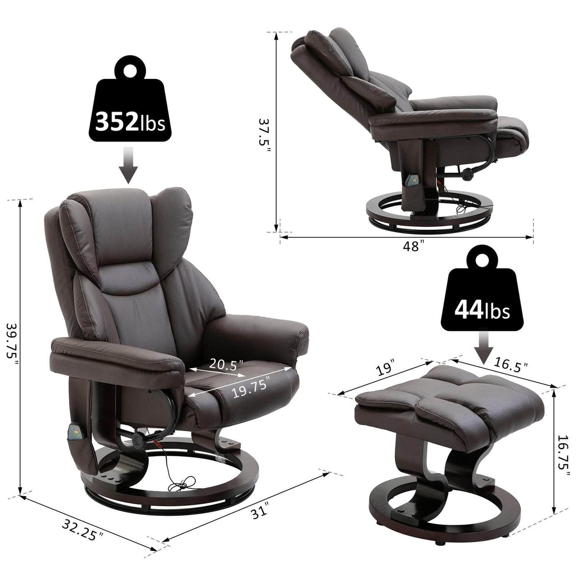 Aosom 10 Vibration Point Massage Reclining Chair and Ottoman in Faux Leather, image 3