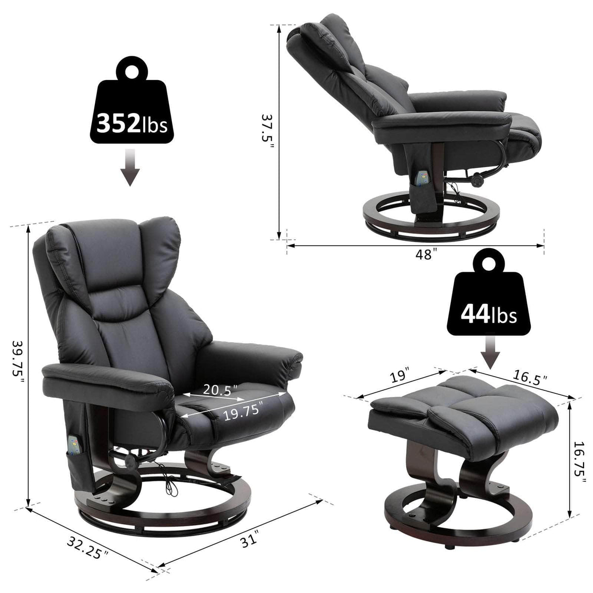 Aosom 10 Vibration Point Massage Reclining Chair and Ottoman in Faux Leather, image 12