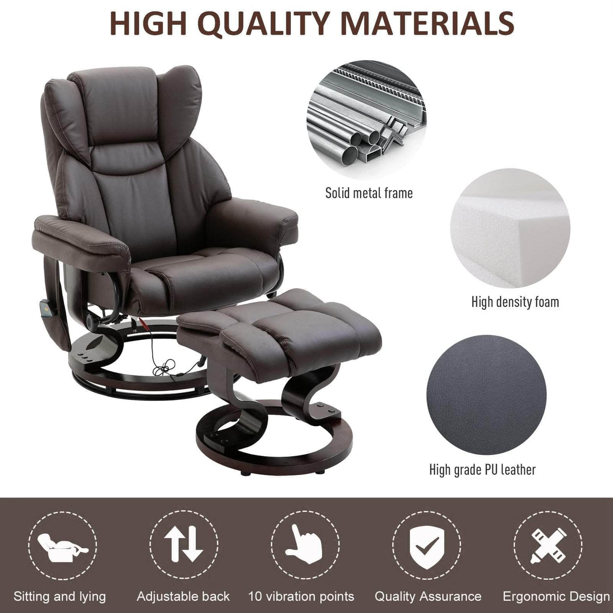 Aosom 10 Vibration Point Massage Reclining Chair and Ottoman in Faux Leather, image 4