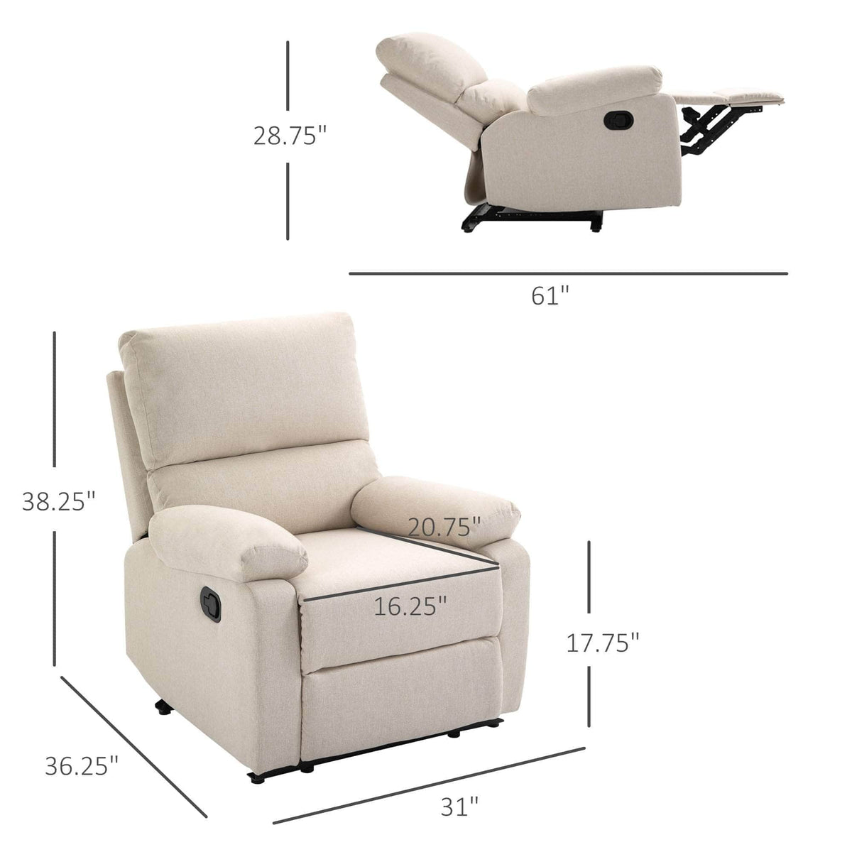 Aosom Linen Reclining Chair with Plush Padded Back, image 12