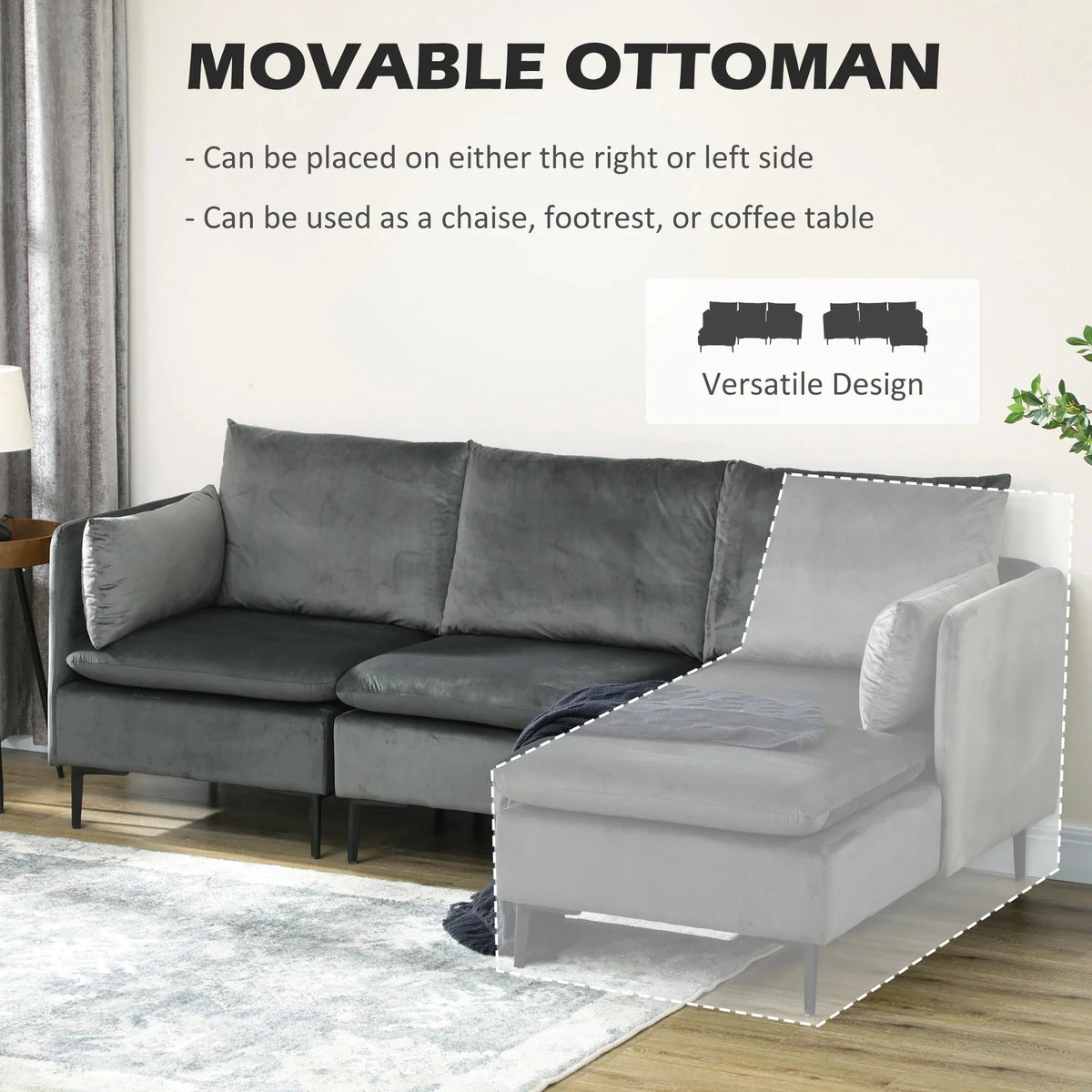 Aosom 82.7" Wide Velvet Reversible Sectional Sofa in Grey, image 5