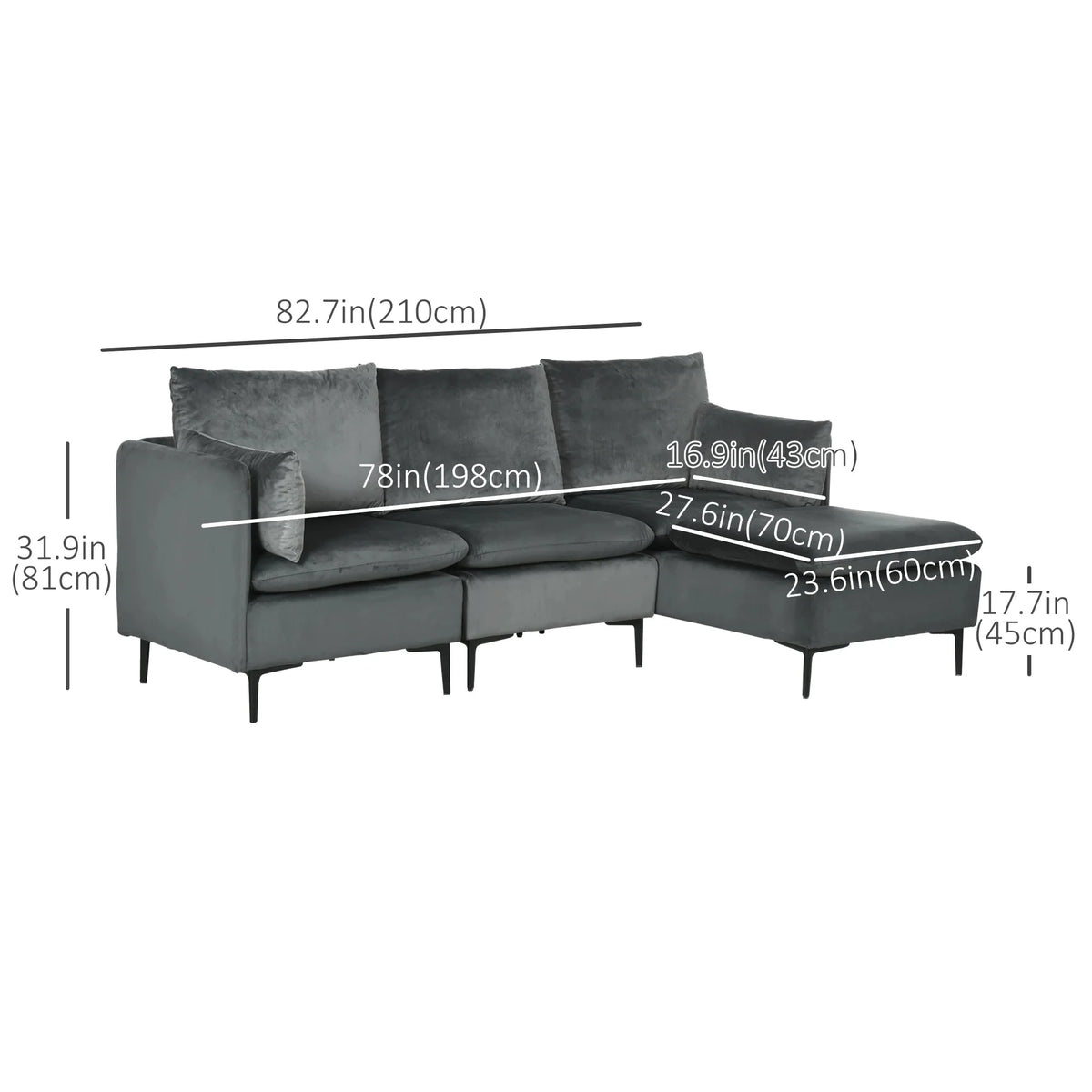 Aosom 82.7" Wide Velvet Reversible Sectional Sofa in Grey, image 3