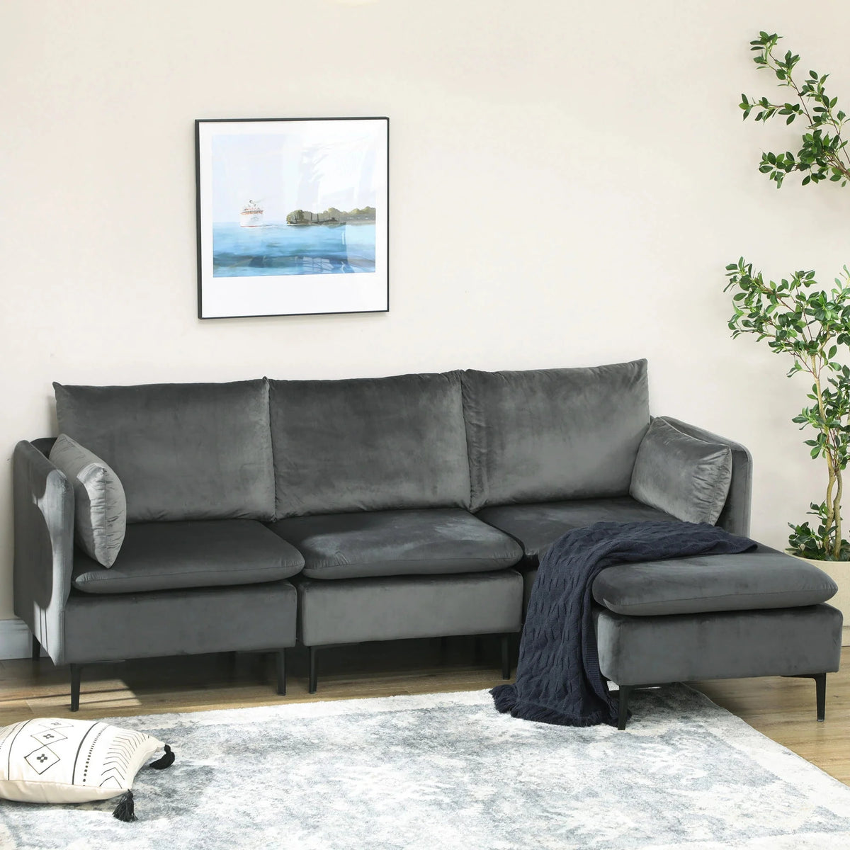 Aosom 82.7" Wide Velvet Reversible Sectional Sofa in Grey, image 7