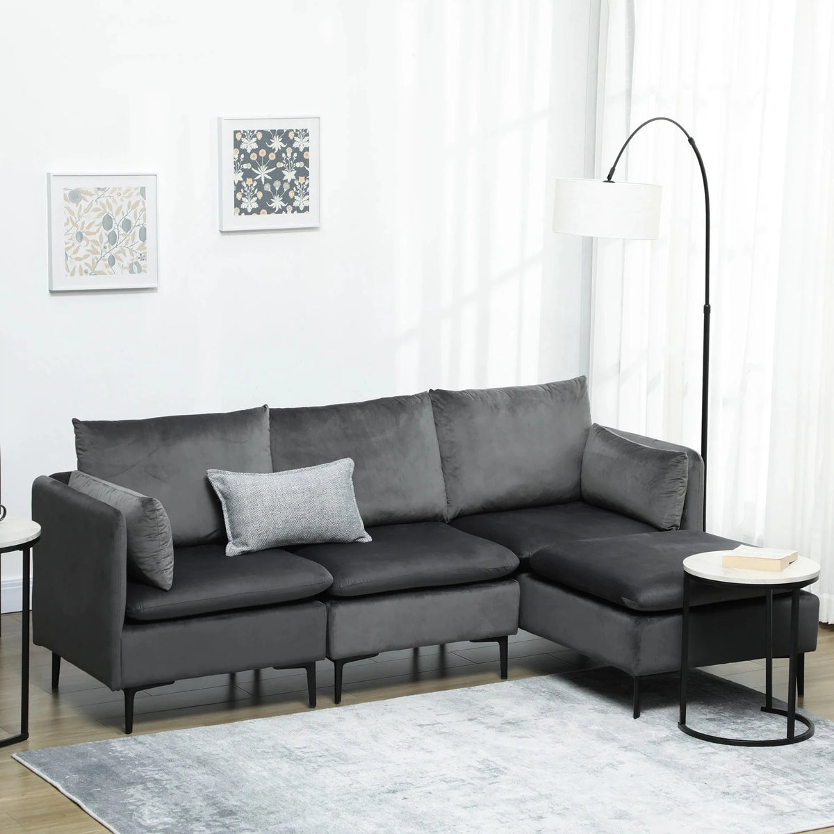 Aosom 82.7" Wide Velvet Reversible Sectional Sofa in Grey, image 1