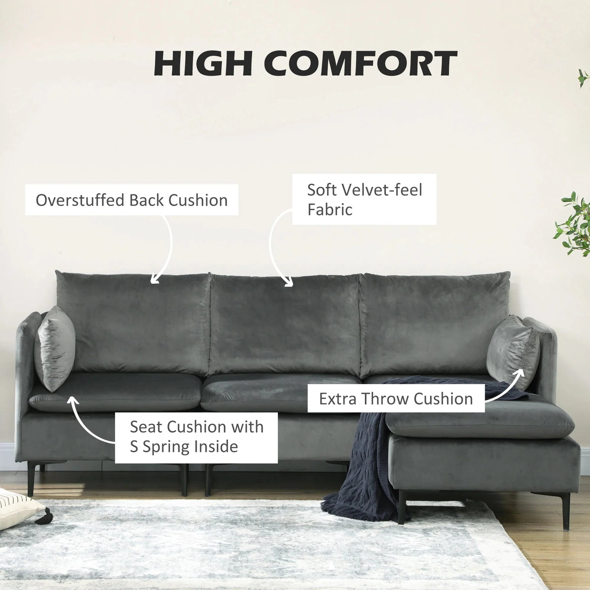 Aosom 82.7" Wide Velvet Reversible Sectional Sofa in Grey, image 4