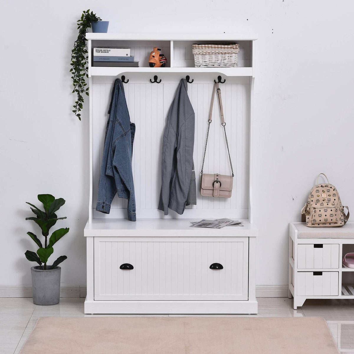Aosom Entryway Coat and Shoe Hall Tree with Storage Cupboard Bench in White, image 1