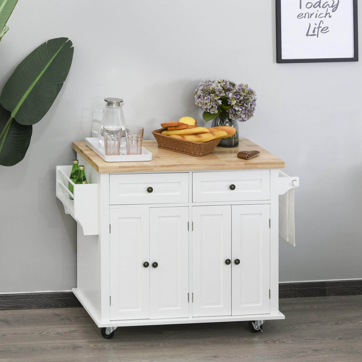 Aosom Portable Kitchen Island Trolley Cart with Spice and Towel Rack in White, image 1