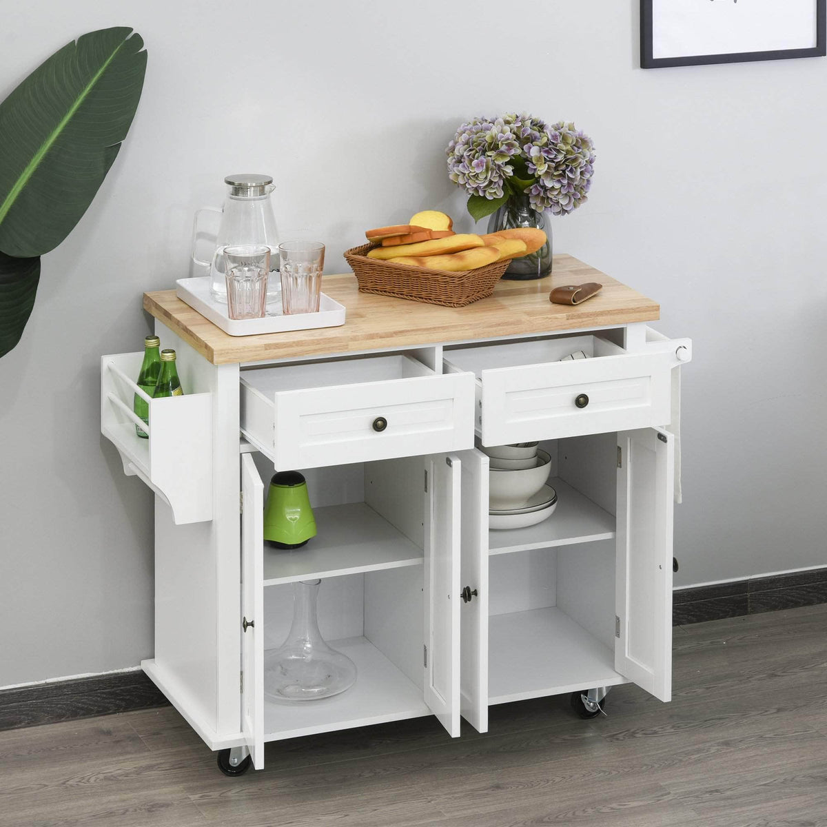 Aosom Portable Kitchen Island Trolley Cart with Spice and Towel Rack in White, image 2