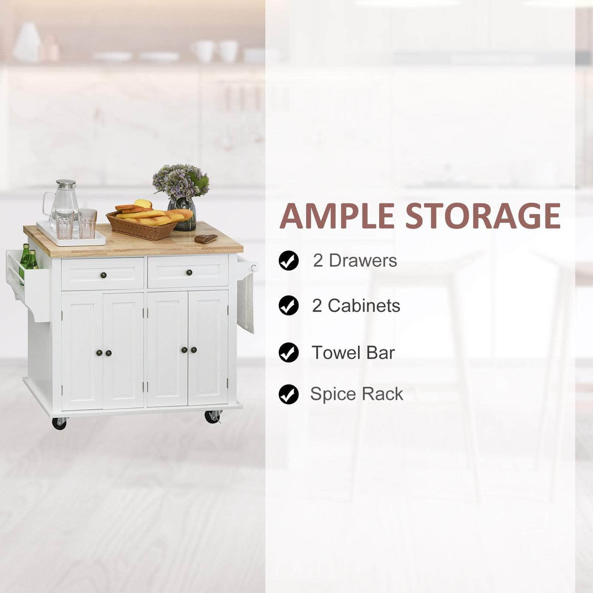 Aosom Portable Kitchen Island Trolley Cart with Spice and Towel Rack in White, image 4