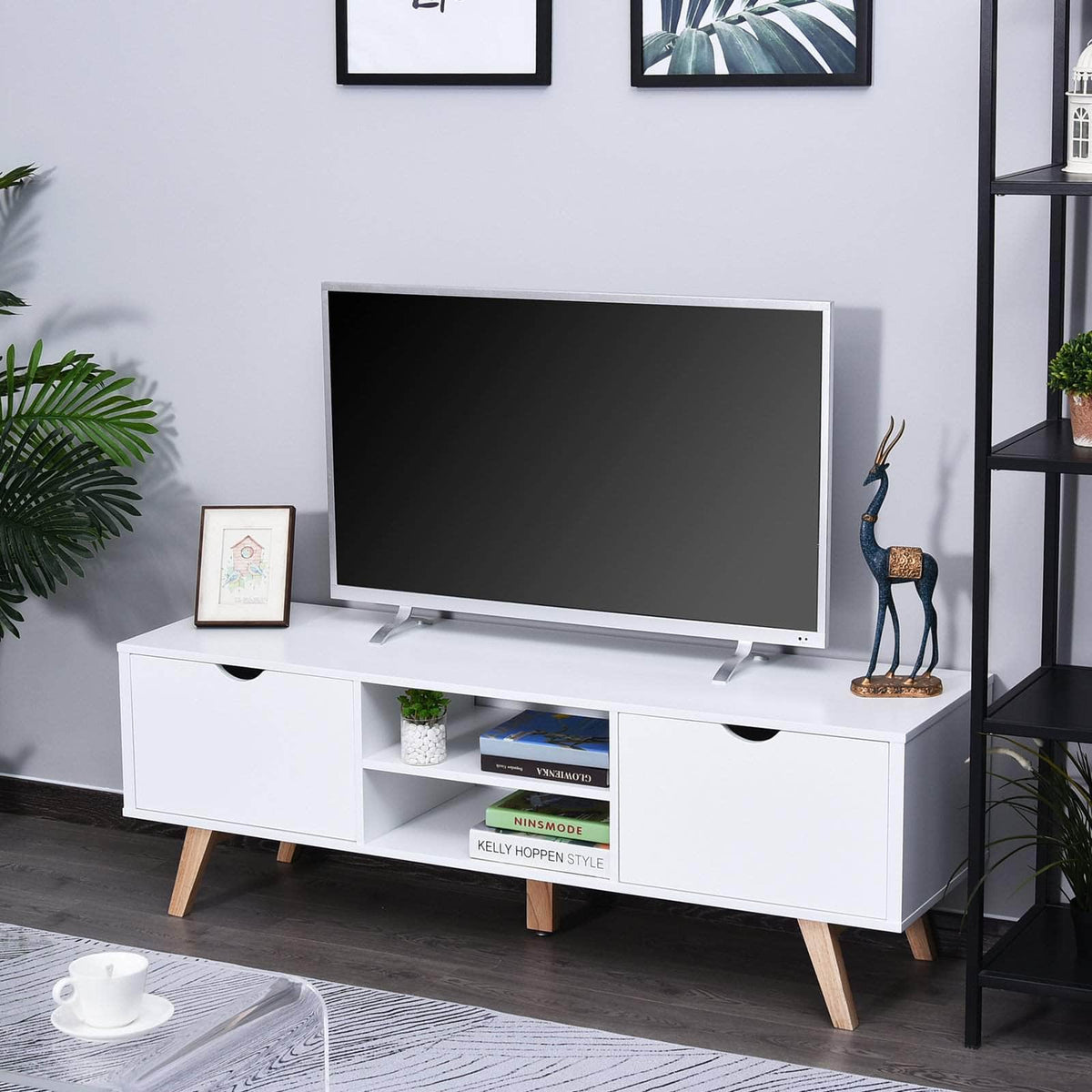 Aosom TV Stand with Two Cabinets and Shelves in White, image 1