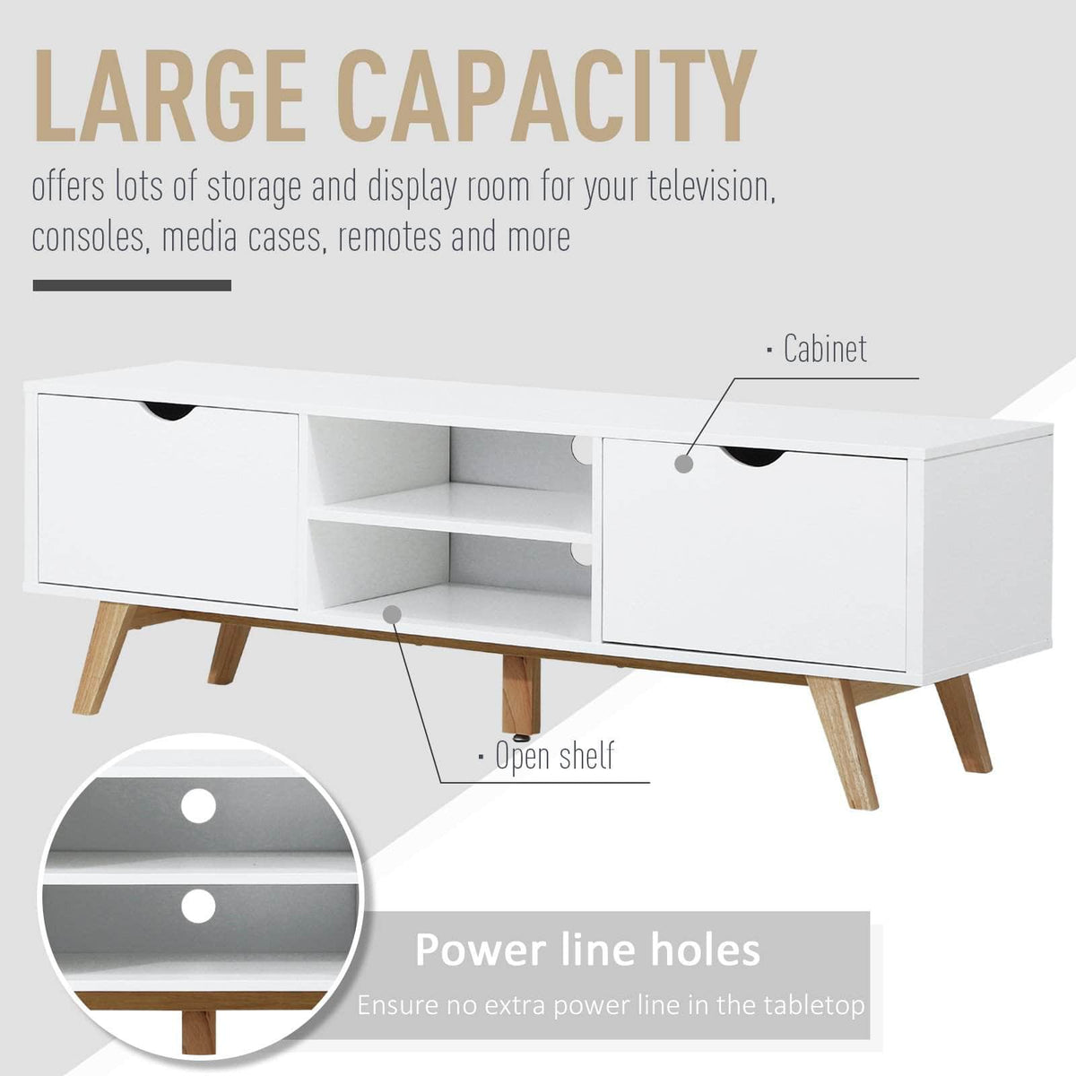 Aosom TV Stand with Two Cabinets and Shelves in White, image 5