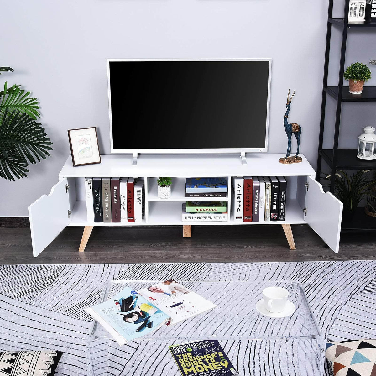 Aosom TV Stand with Two Cabinets and Shelves in White, image 2