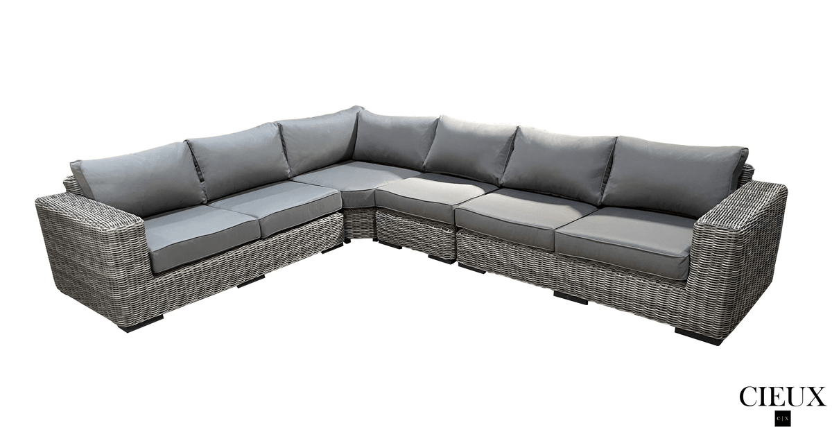 CIEUX Champagne 2 Piece Outdoor Patio Wicker L Shaped Sectional Sofa and Coffee Table Set in Grey with Sunbrella Cushions, image 4