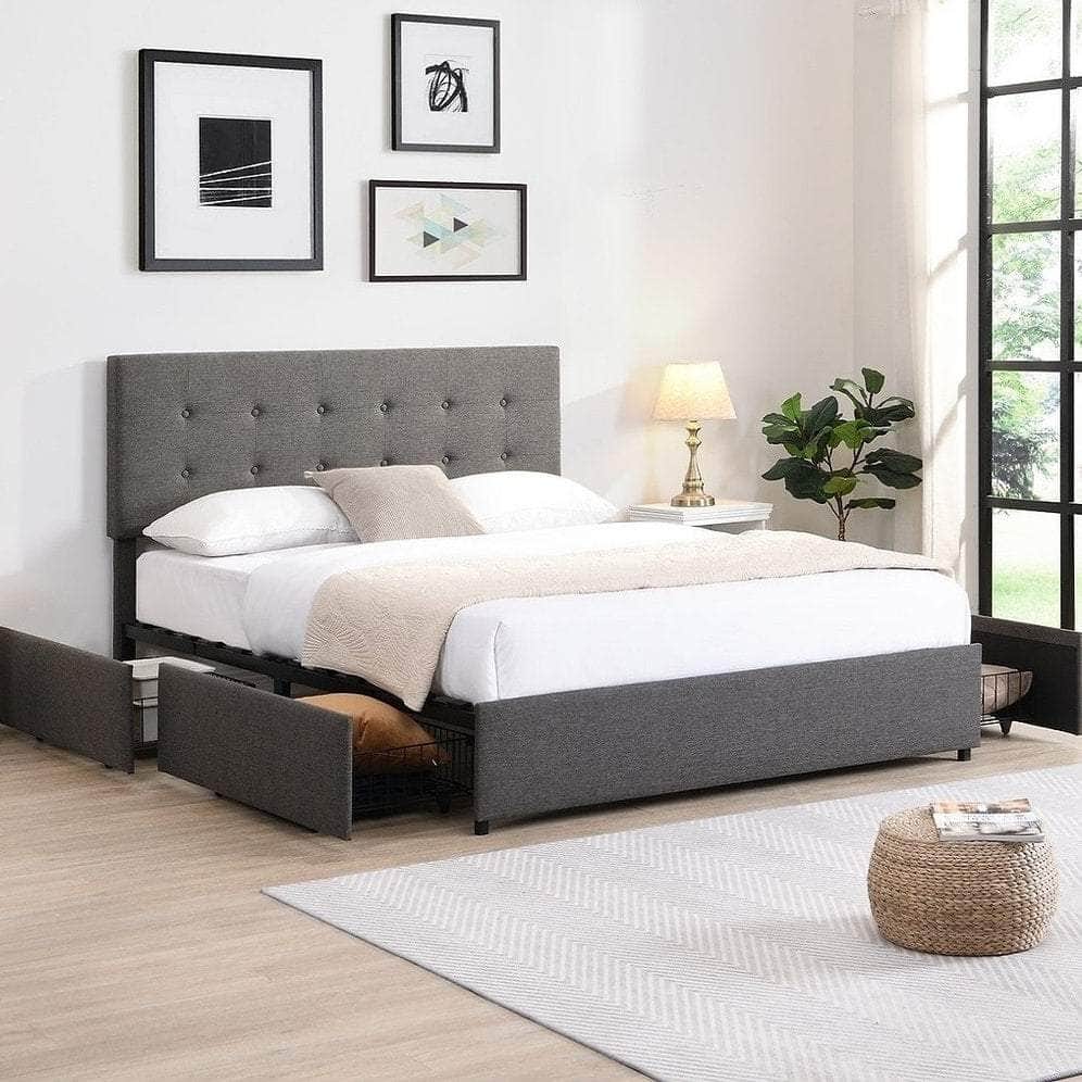 IFDC Yarrow Tufted Fabric Platform Bed with 4 Storage Drawers in Grey, image 1