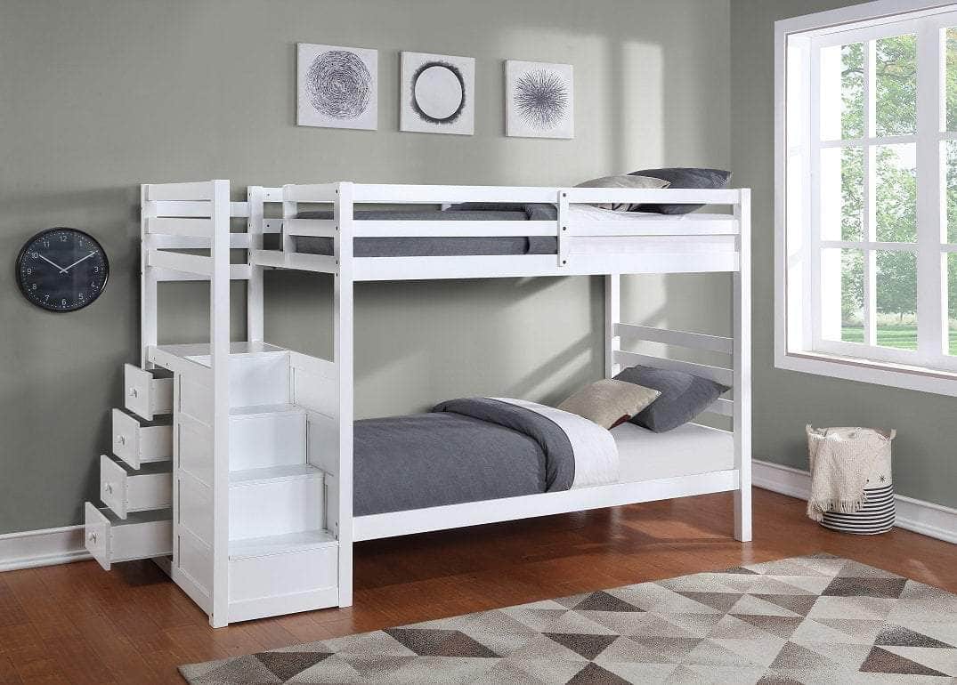 IFDC Calgary Twin Over Twin Convertible Bunk Bed with Stairs in White, image 1