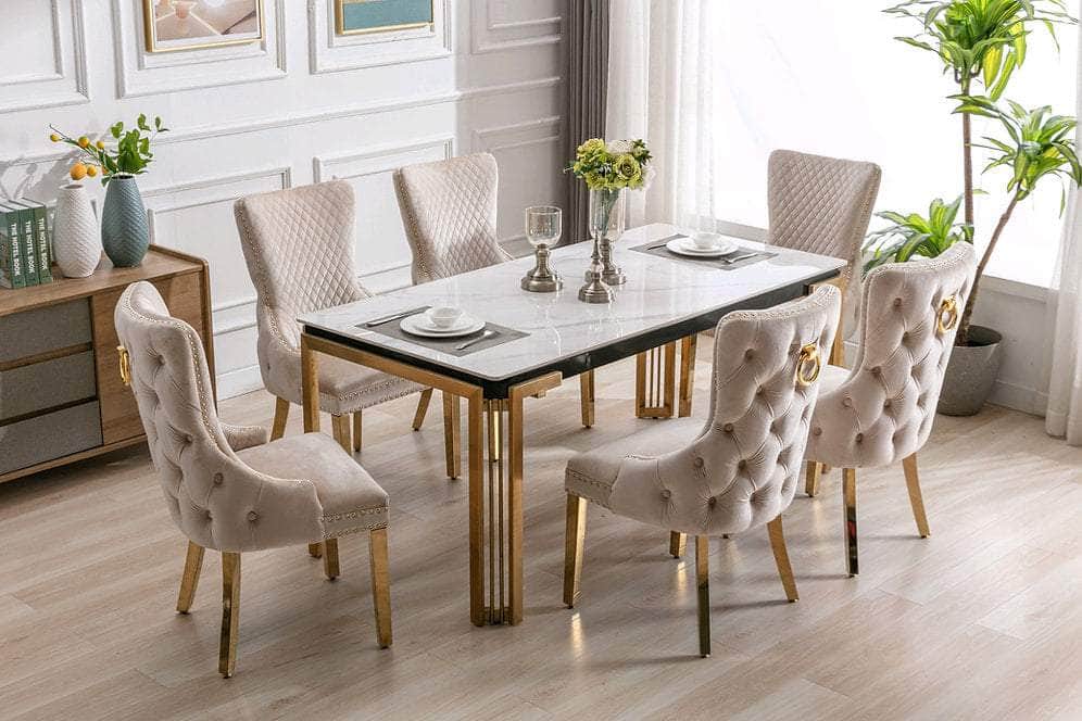 IFDC Wolfville 7 Piece Ceramic Marble Top with Gold Stainless Steel Legs Dining Room Furniture Set, image 1