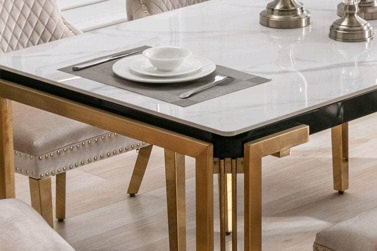 IFDC Wolfville 7 Piece Ceramic Marble Top with Gold Stainless Steel Legs Dining Room Furniture Set, image 2