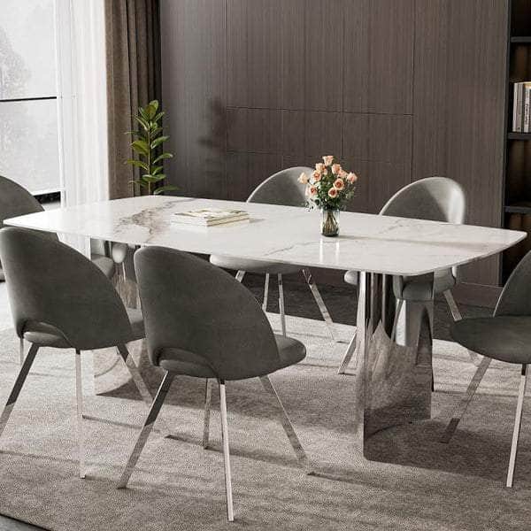 IFDC Merritt 7 Piece Sintered Stone Matte Snow White Marble Top and Stainless Steel Base Dining Room Furniture Set, image 2