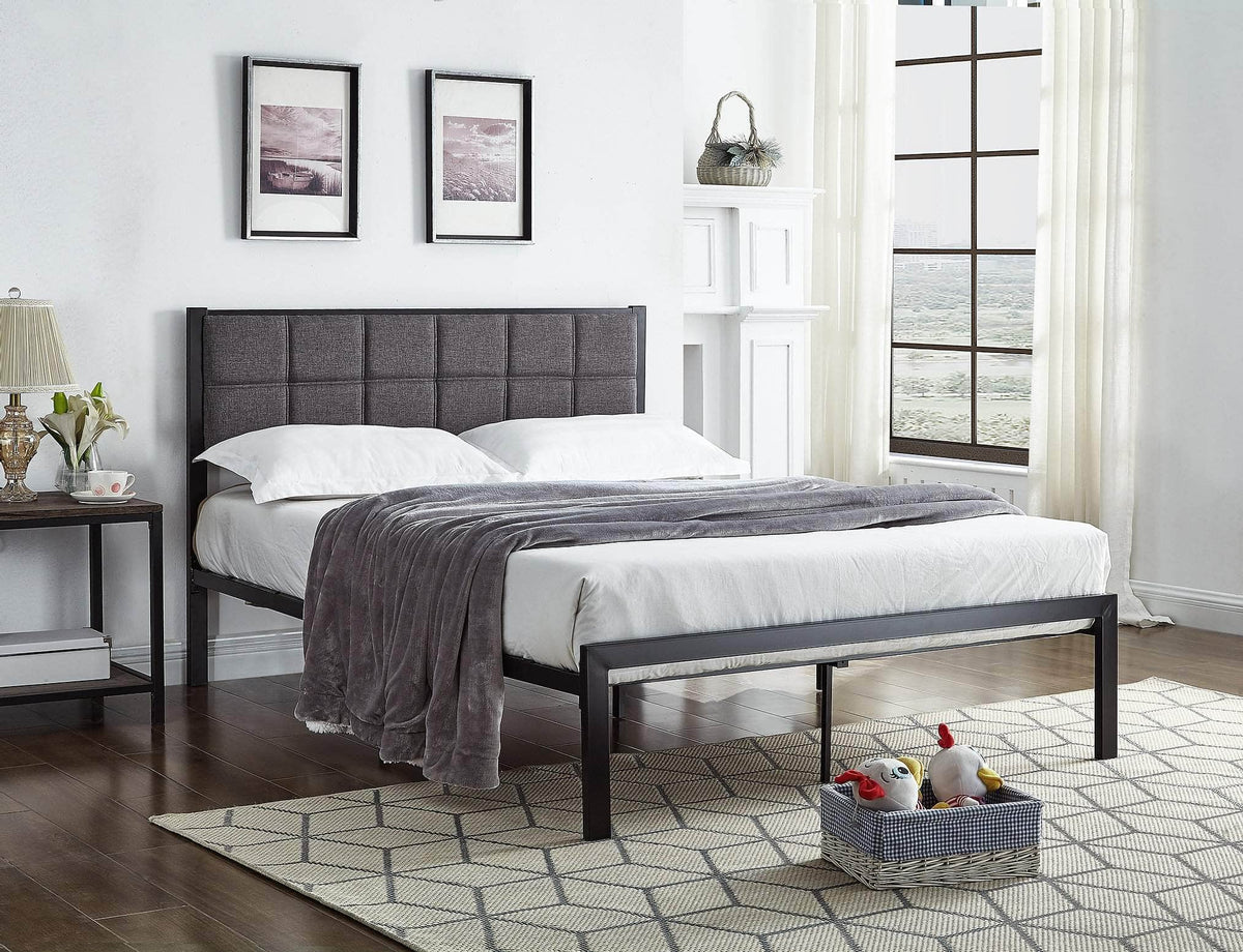 IFDC Sooke Grey Padded Fabric and Black Metal Platform Bed, image 1