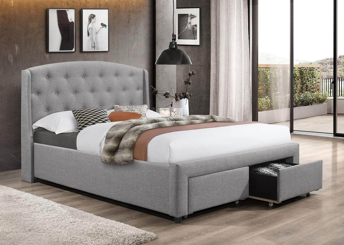 IFDC Kitchener Grey Fabric Tufted Platform Bed with 2 Storage Drawers, image 1