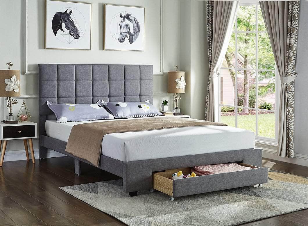 IFDC Richmond Square Tufted Grey Fabric Platform Bed with Storage Drawer, image 1