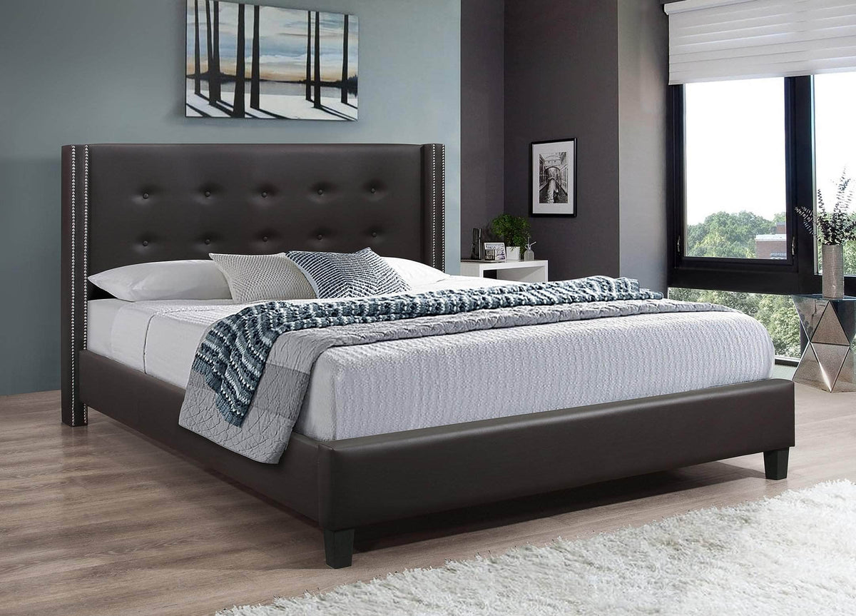 IFDC Oak Bay Wingback Button Tufted Platform Bed in Brown Faux Leather with Nailhead Trim, image 1
