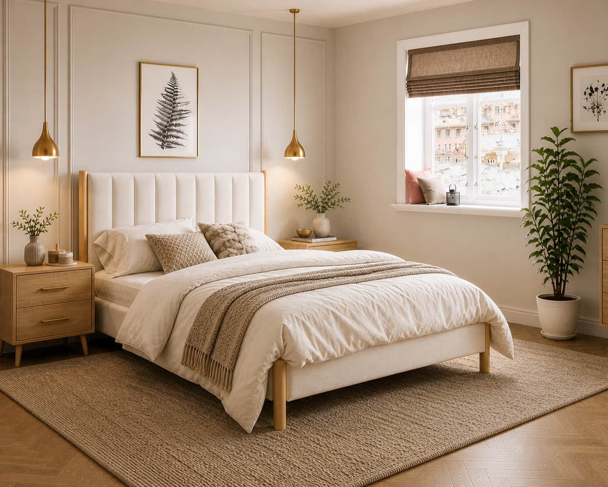 IFDC Dagmar Platform Bed in Natural Oak with Cream Channel Tufted Headboard, image 1