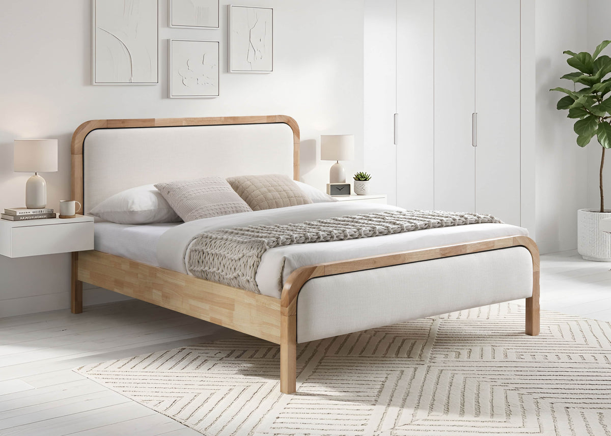 IFDC Linnea Curved Ivory Upholstered Platform Bed with Natural Oak Frame, image 1