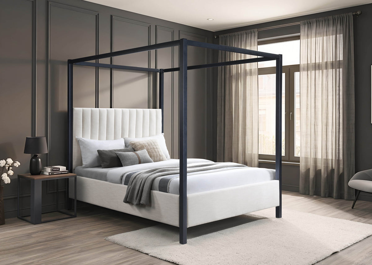 IFDC Harlow Modern Canopy Bed with Beige Channel Tufted Headboard with Black Metal Frame, image 1