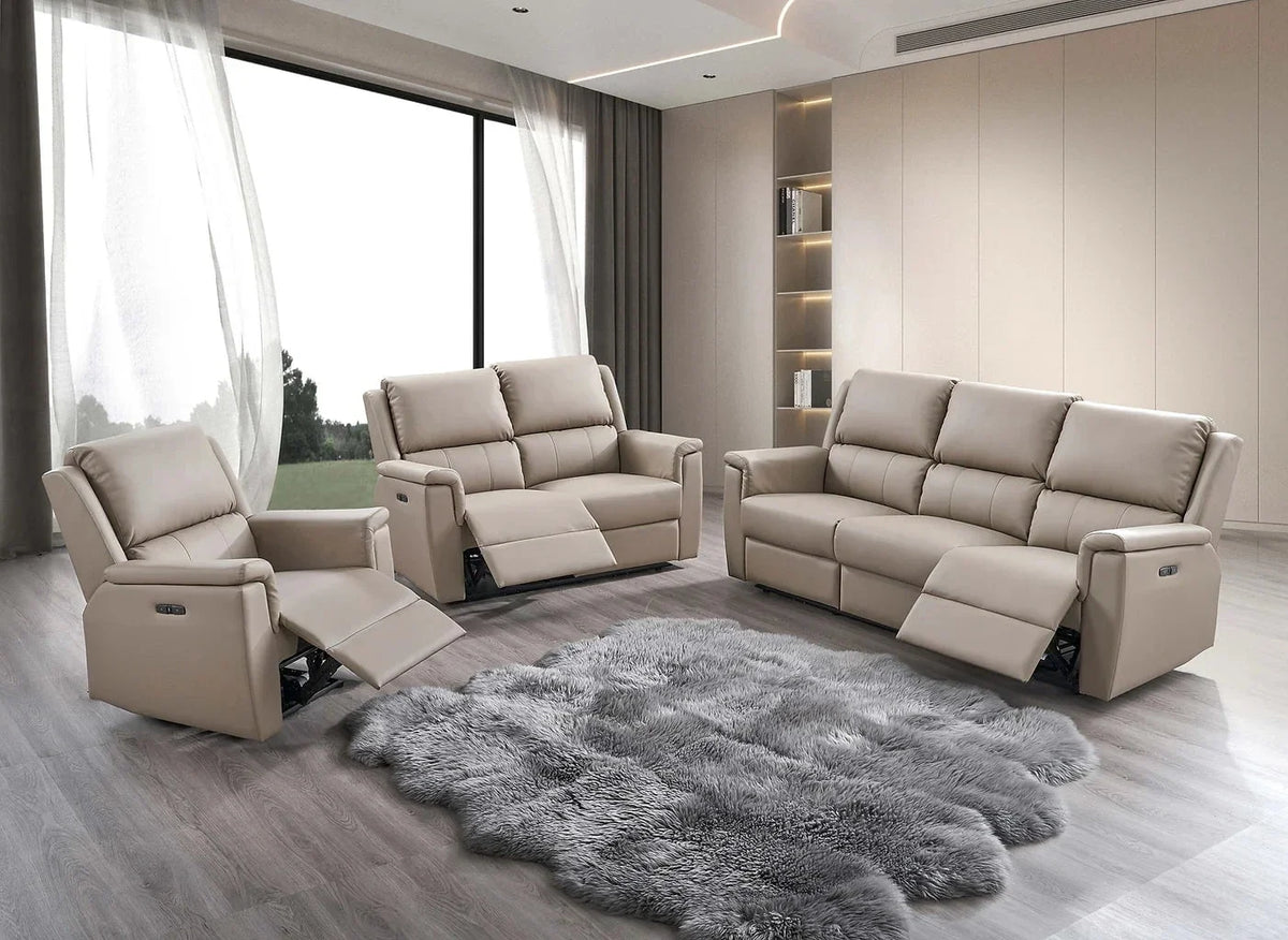 IFDC Kindersley 3 Piece Power Reclining Sofa, Loveseat and Chair Set in Stone Faux Leather, image 1