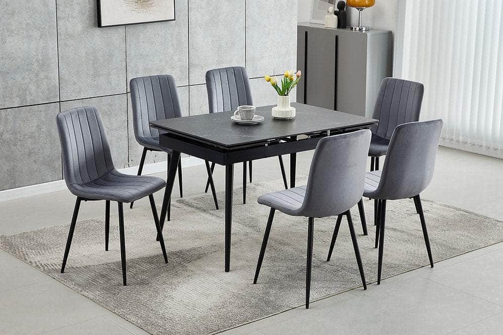 IFDC Edson 7 Piece Extendable Sintered Stone Marble Top with Black Steel Legs Dining Room Furniture Set, image 7