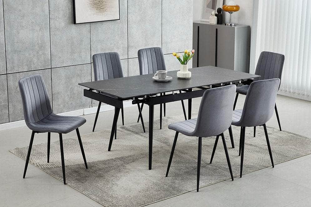 IFDC Edson 7 Piece Extendable Sintered Stone Marble Top with Black Steel Legs Dining Room Furniture Set, image 6